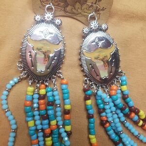 Justin Boots Multicolor Beaded  Long Bull Skull Earrings